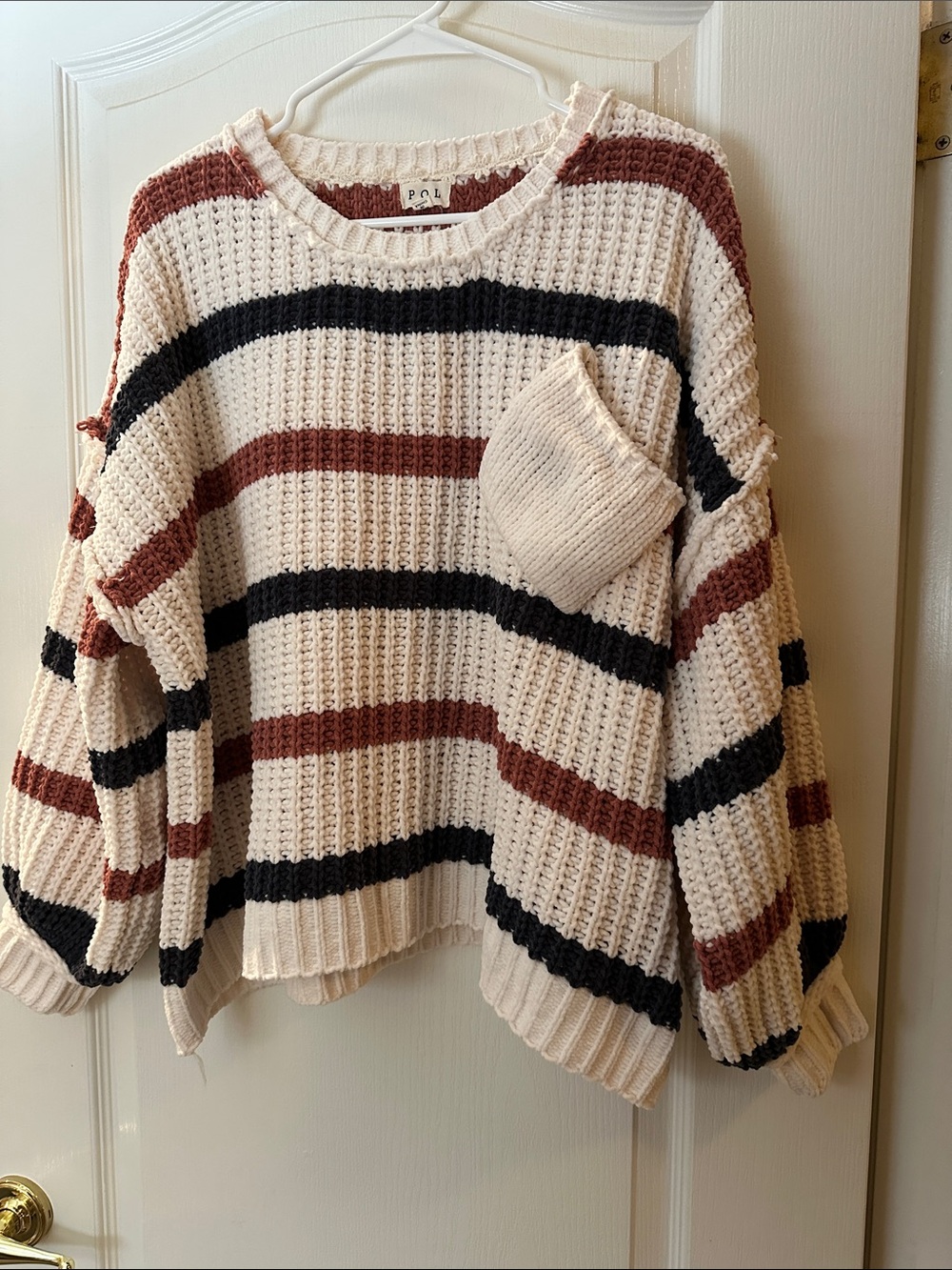 POL Chunky Striped Crew Sweater in Cream, Black & Brown
